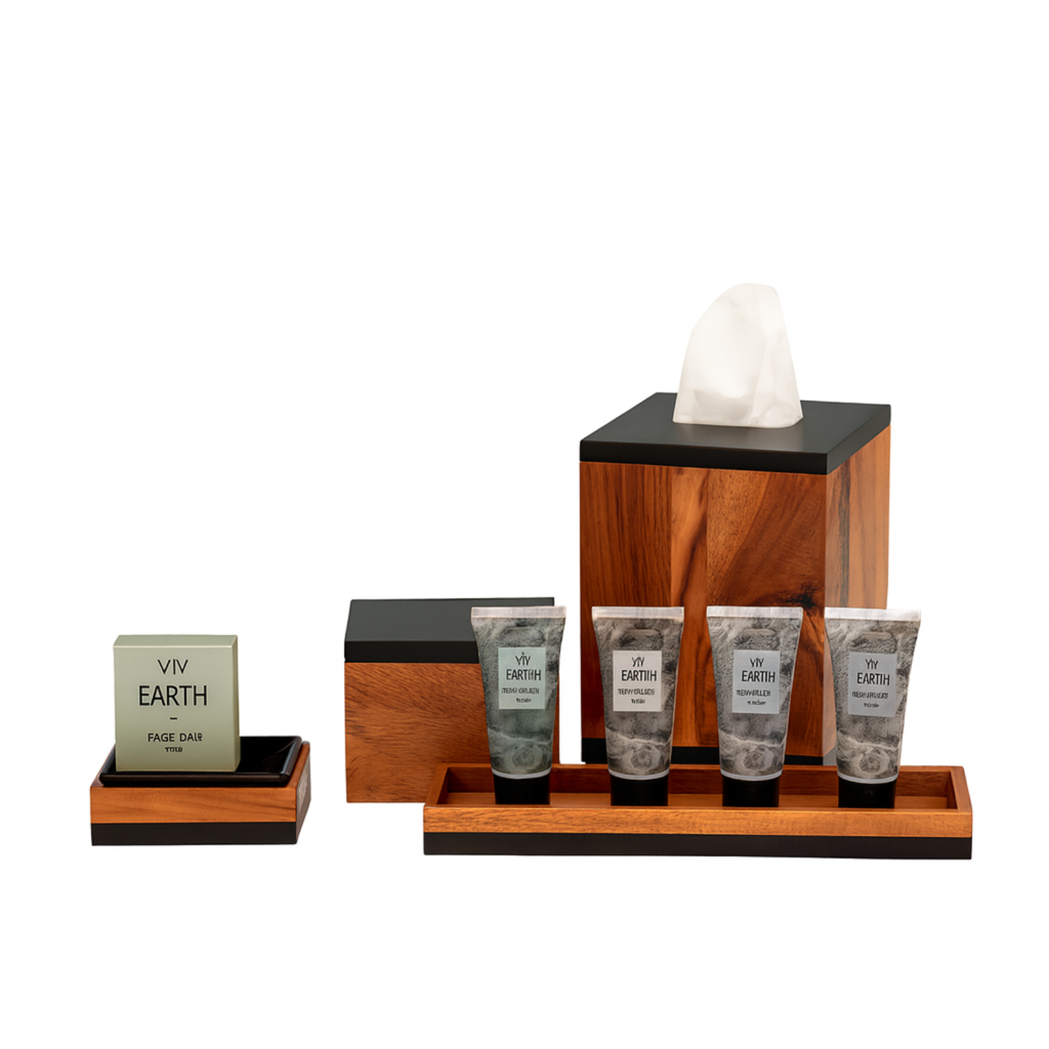 Acacia | Wood bath accessory set on a white surface