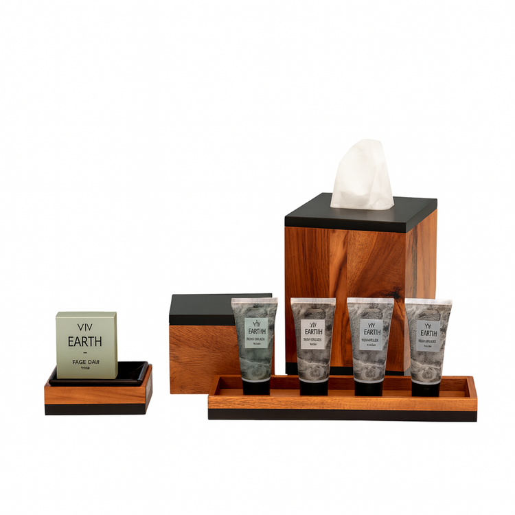 Acacia | Wood bath accessory set on a white surface