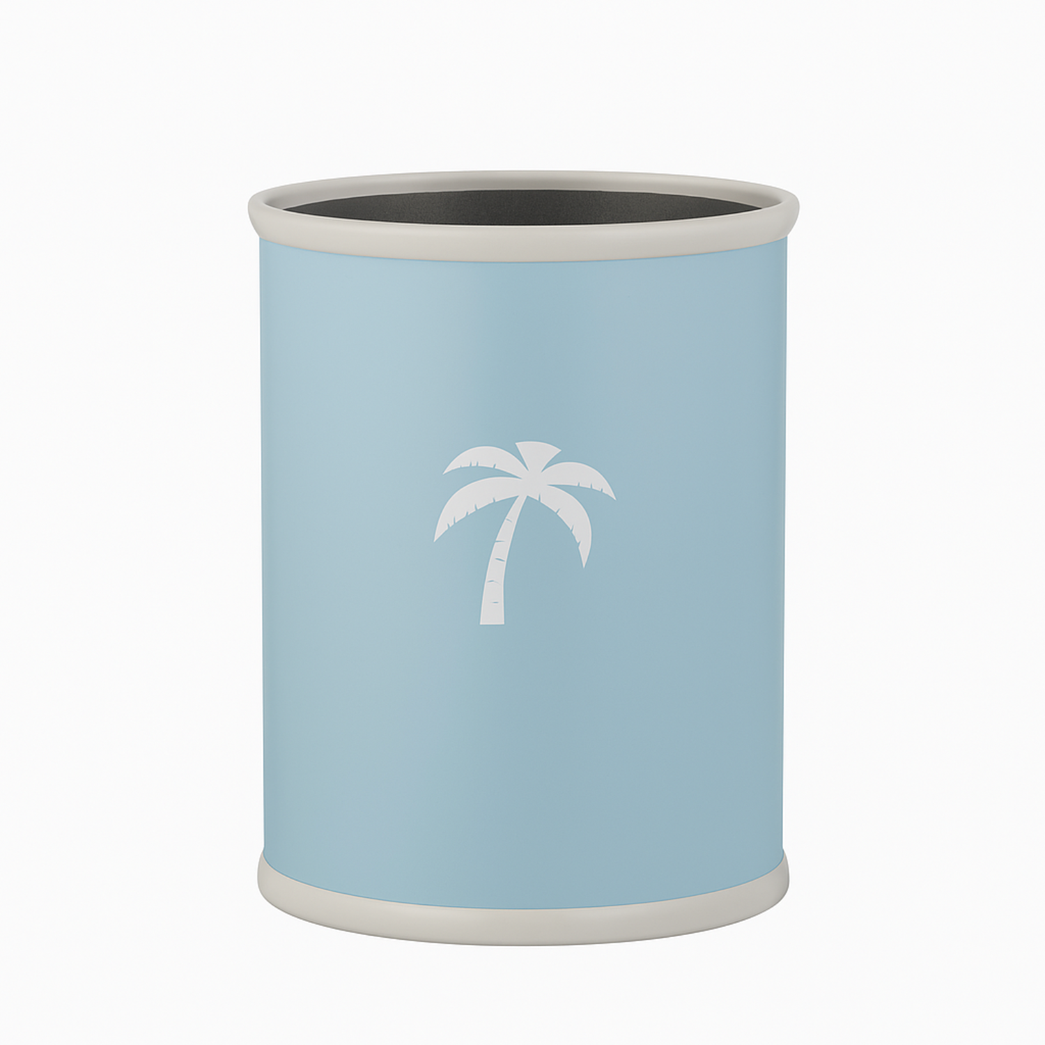 Light blue | cylindrical container with a white palm tree design on a white background