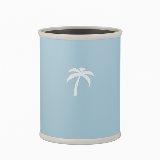 Light blue | cylindrical container with a white palm tree design on a white background
