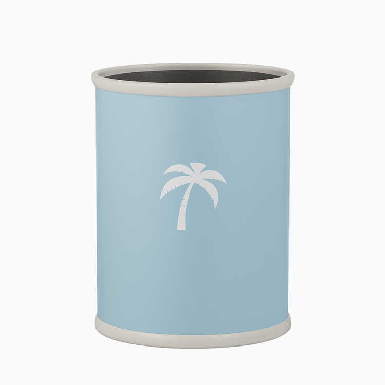 Light blue | cylindrical container with a white palm tree design on a white background