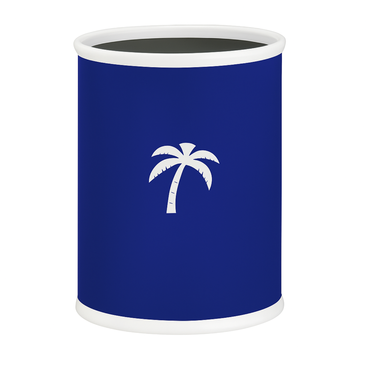 Royal Blue | cylindrical container with a white palm tree design on a white background