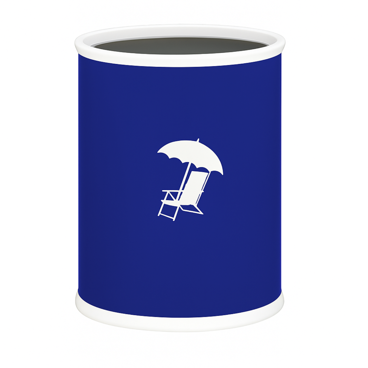 Royal Blue | cylindrical container with a white beach umbrella and chair icon on a white background