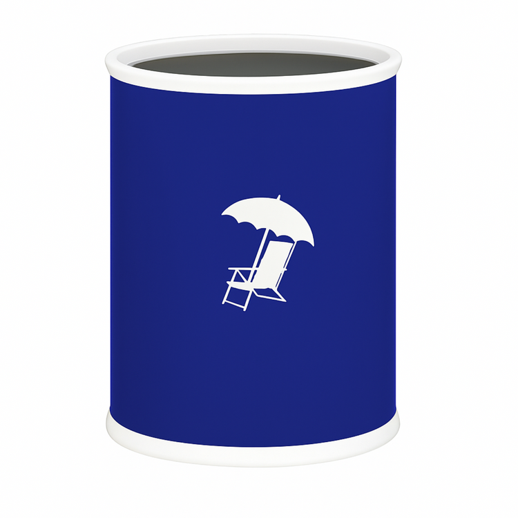 Royal Blue | cylindrical container with a white beach umbrella and chair icon on a white background