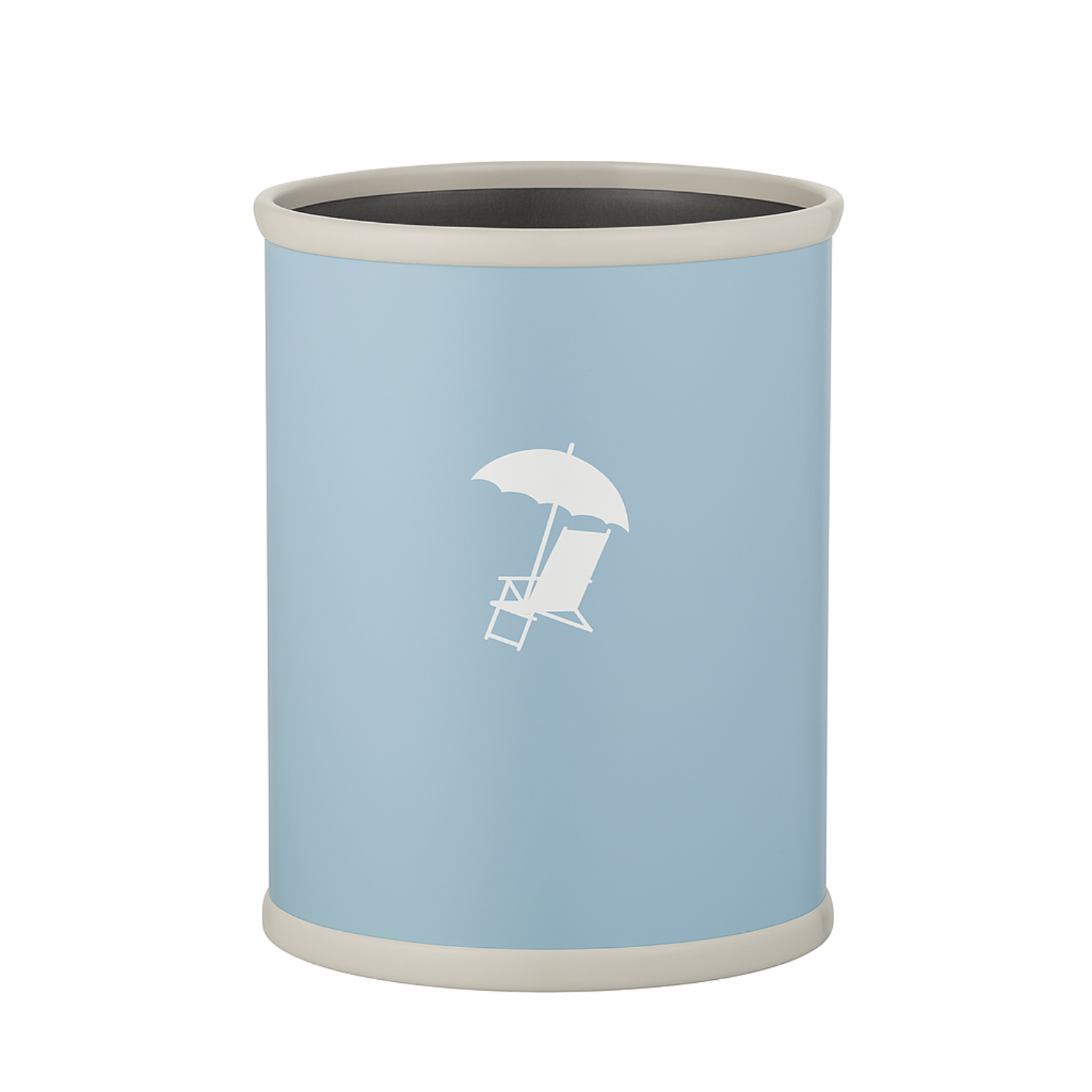 Light blue | cylindrical container with a white icon of a beach chair and umbrella on a white background