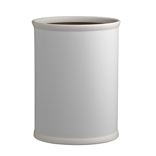 White | cylindrical trash can on a white background