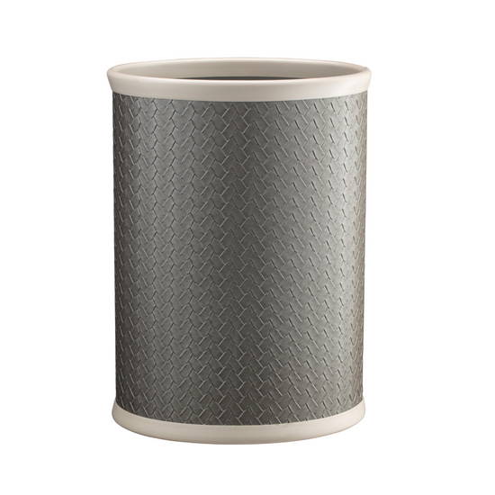 Silver | textured trash can with beige top on a white background