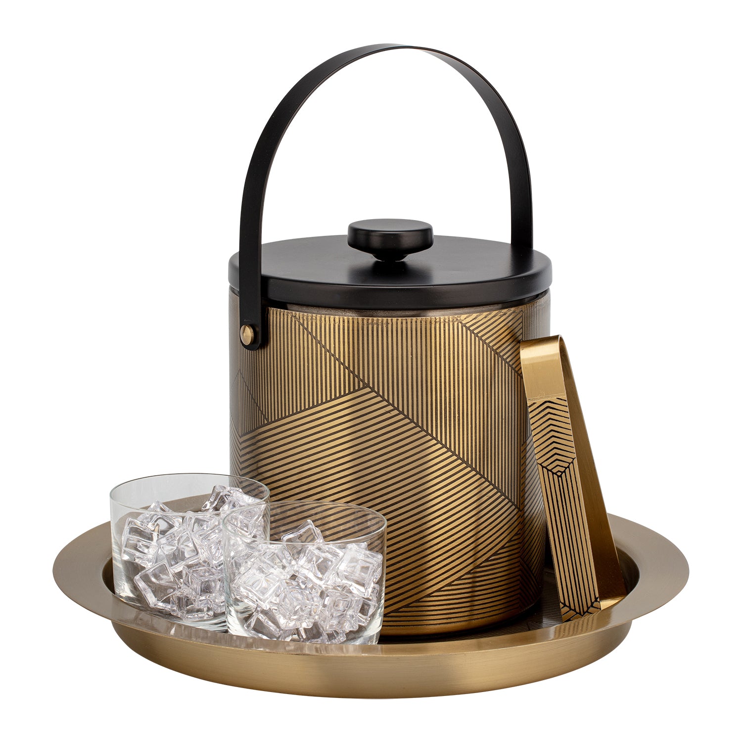 Gold & Black | Stylish Taniya Nayak ice bucket with coordinating tray with glasses.