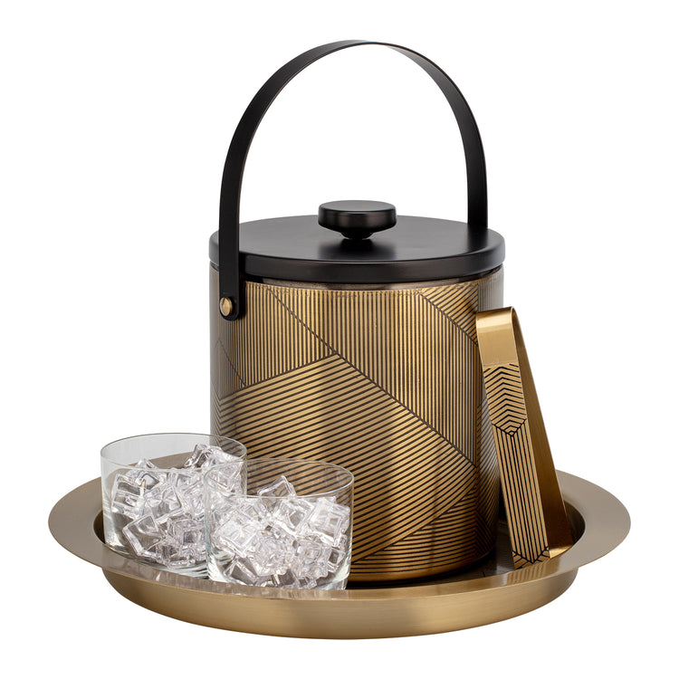 Gold & Black | Stylish Taniya Nayak ice bucket with coordinating tray with glasses.